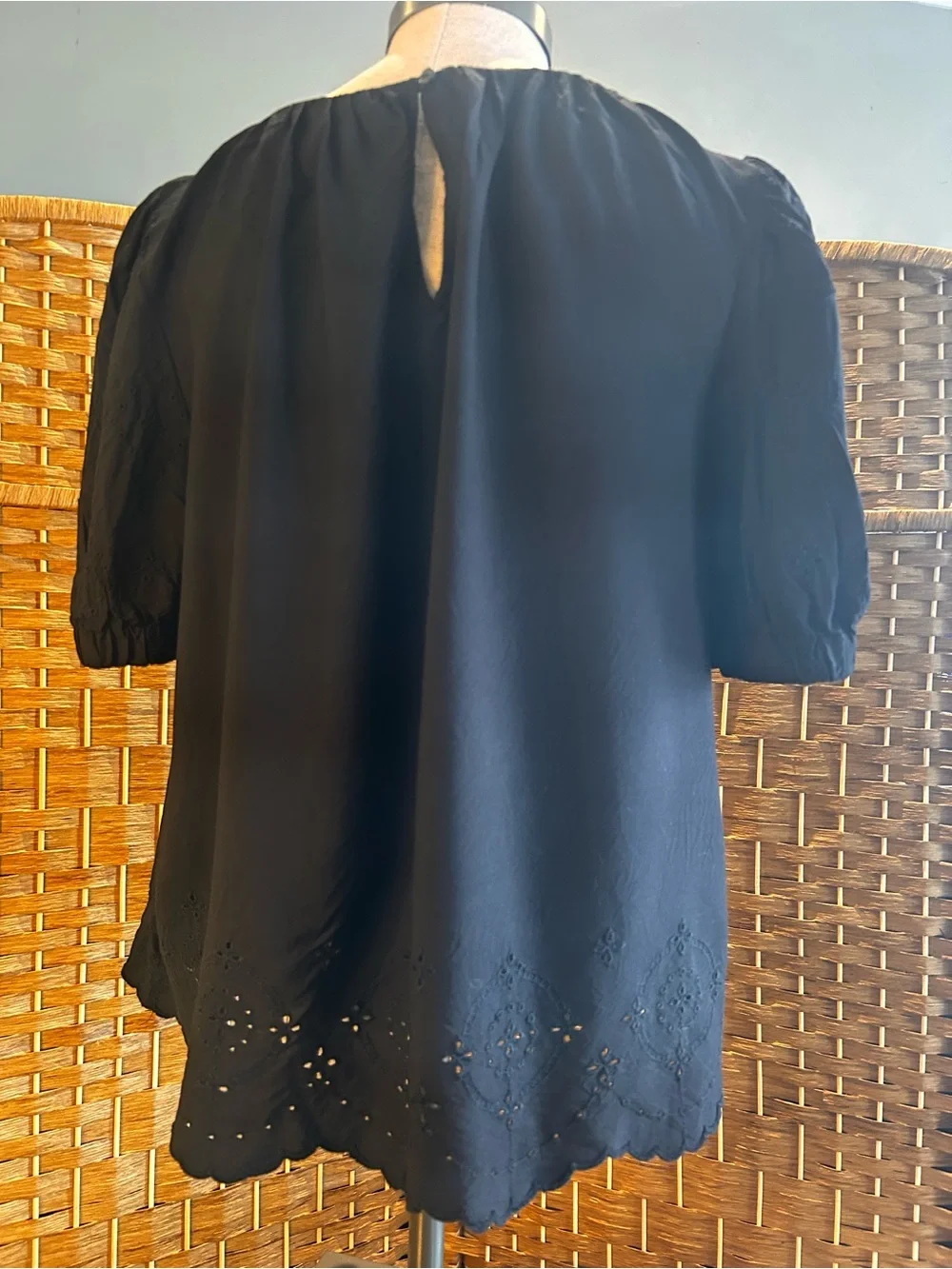 Black Eyelet Embroidered Peasant Blouse Boho Romantic Cottagecore Medium